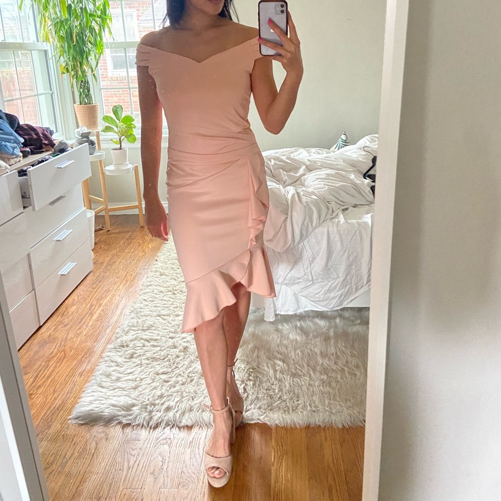Blush pink Venus midi dress, off the shoulder, size XS